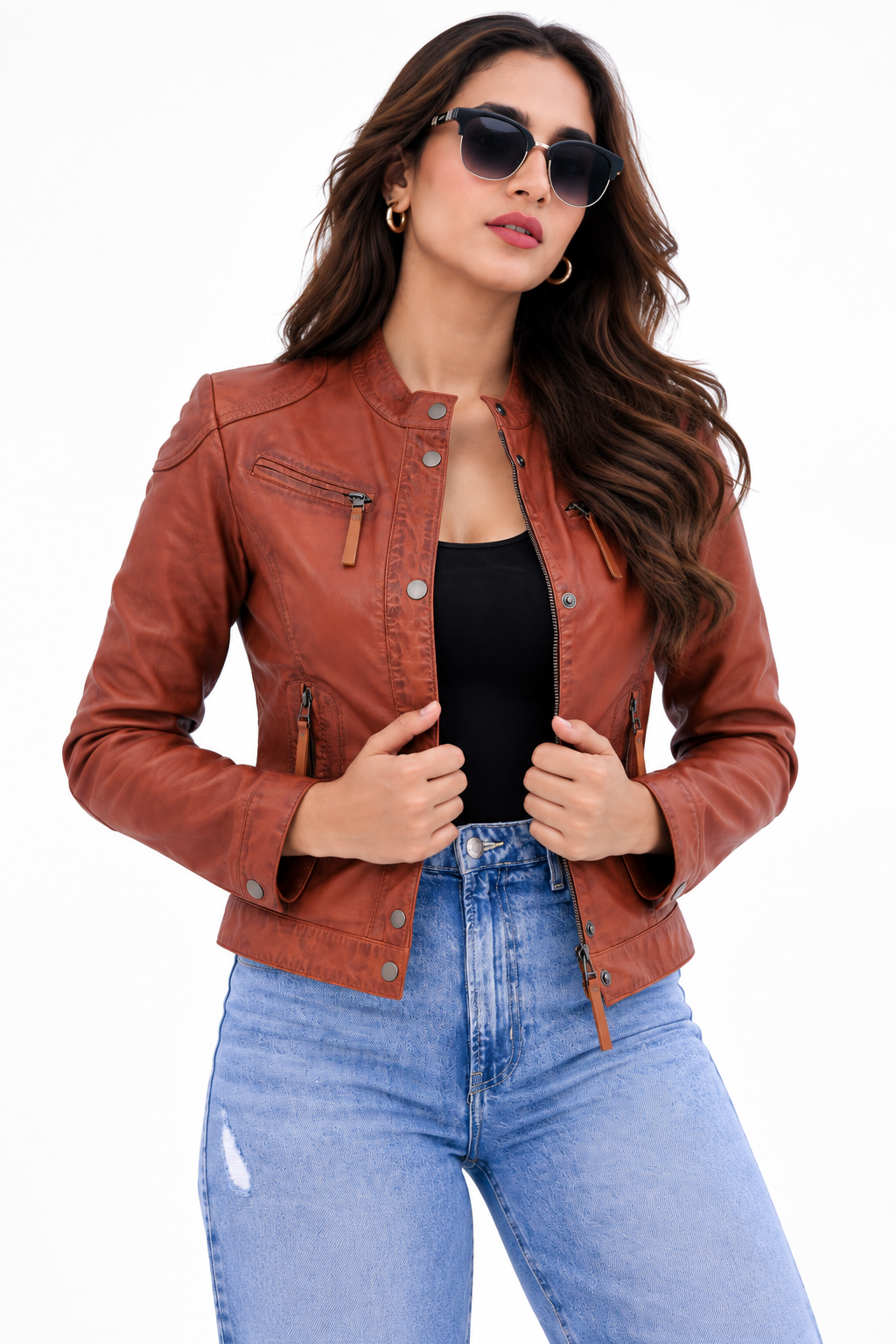 Women's Rust Brown Distressed Moto Style Zip-Up Leather Biker Jacket| Majestic Leather Majestic Leather