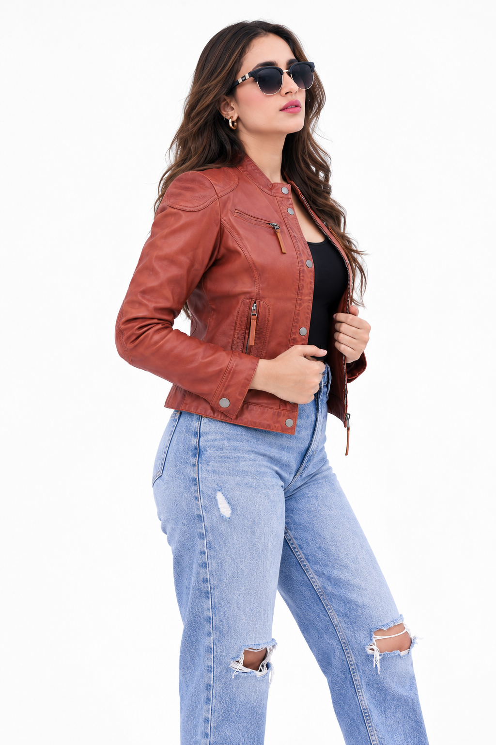Women's Rust Brown Distressed Moto Style Zip-Up Leather Biker Jacket| Majestic Leather Majestic Leather