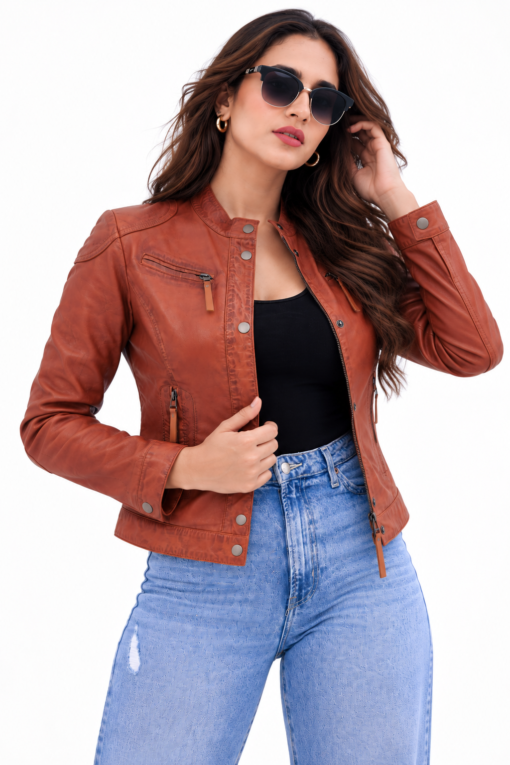 Women's Rust Brown Distressed Moto Style Zip-Up Leather Biker Jacket| Majestic Leather Majestic Leather
