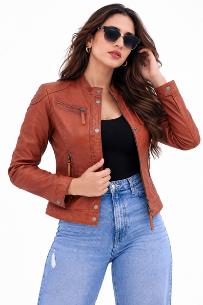 Women's Rust Brown Distressed Moto Style Zip-Up Leather Biker Jacket| Majestic Leather Majestic Leather