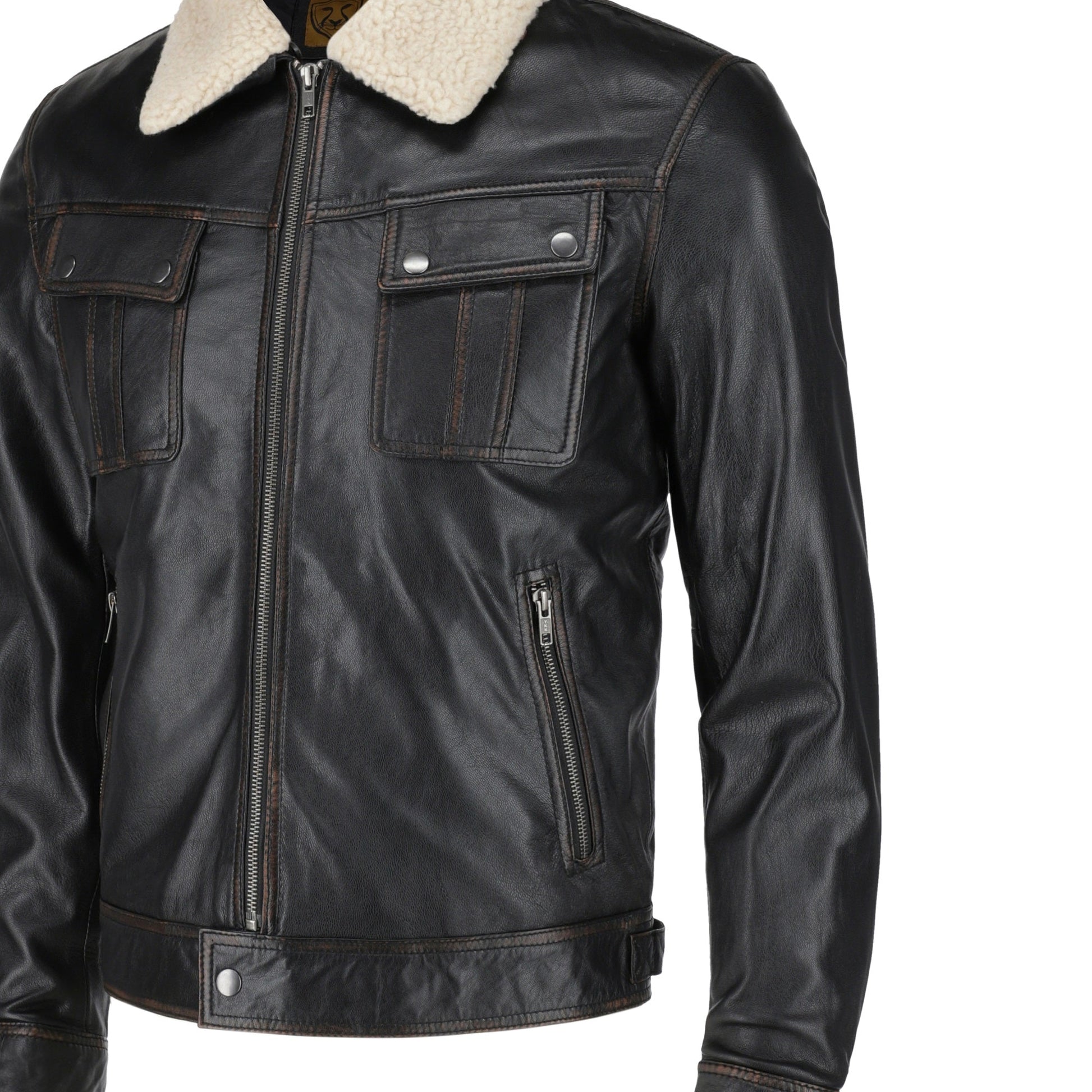 Men's Distressed Biker Black Leather Jacket | Majestic Leather — collar detail | Majestic Leather UK