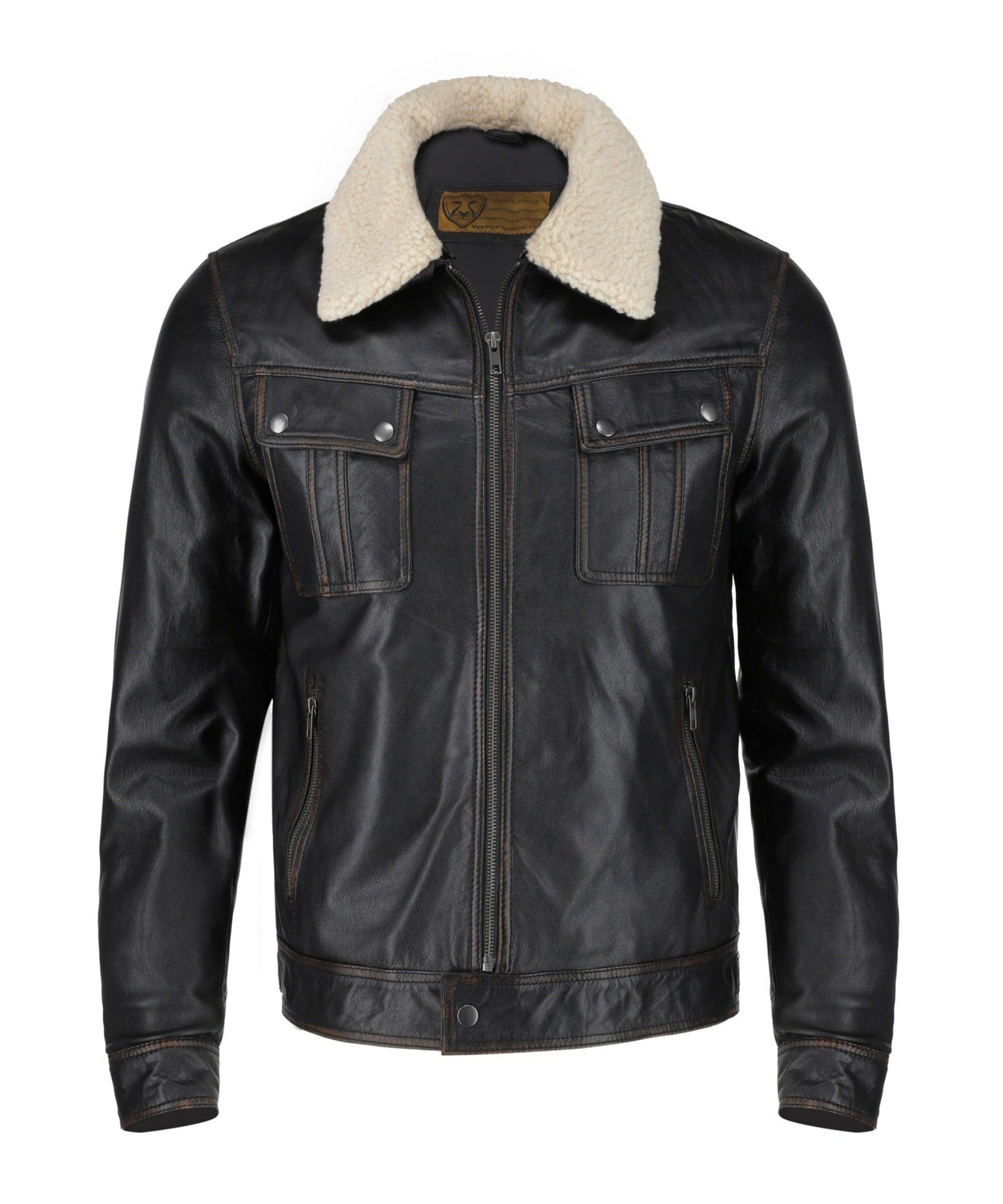 Men's Distressed Biker Black Leather Jacket | Majestic Leather — front view | Majestic Leather UK