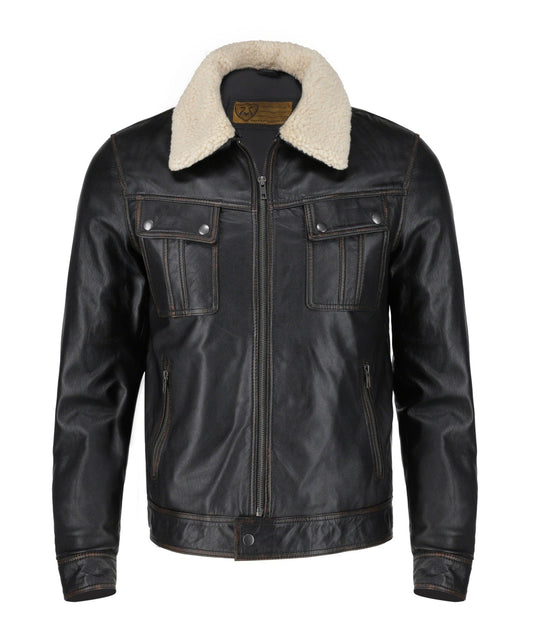 Men's Distressed Biker Black Leather Jacket | Majestic Leather — front view | Majestic Leather UK