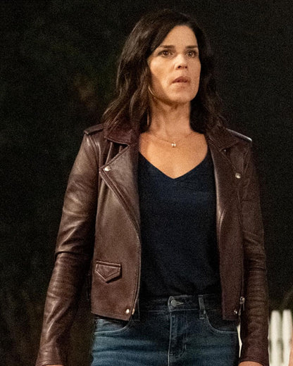 Scream 5 Sidney Prescott Celebrity Biker Leather Jacket — back view | Majestic Leather UK