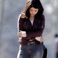 Women Biker - Selena Gomez Fundamentals of Caring Maroon Leather Jacket — collar detail | Majestic Leather UK