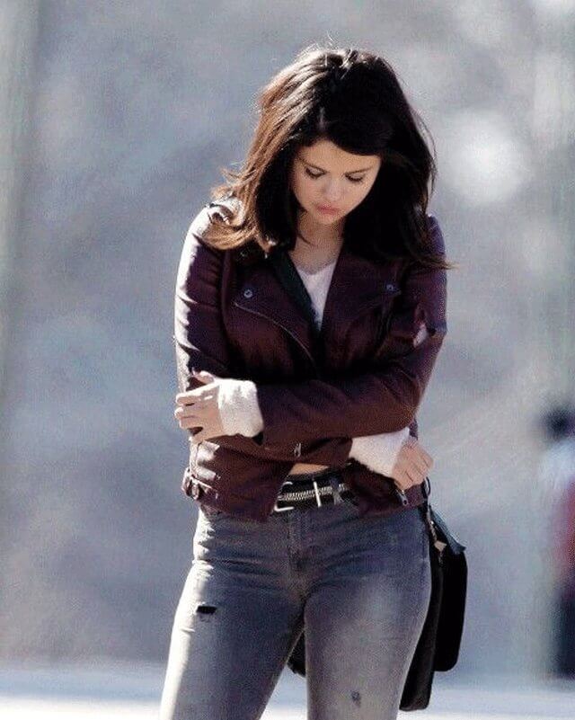 Women Biker - Selena Gomez Fundamentals of Caring Maroon Leather Jacket — collar detail | Majestic Leather UK