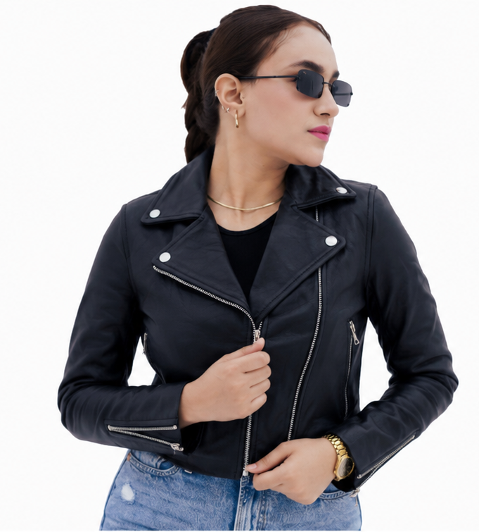 Women's New Real Lambskin Black Biker Short Waist Length Leather Jacket | Majestic Leather Majestic Leather