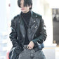 Women Biker - Stray Kids Hyunjin Biker Leather Jacket — collar detail | Majestic Leather UK