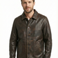 Distress Brown Winter Leather Coat 3/4 Length - Button Up Leather Coat — front view | Majestic Leather UK