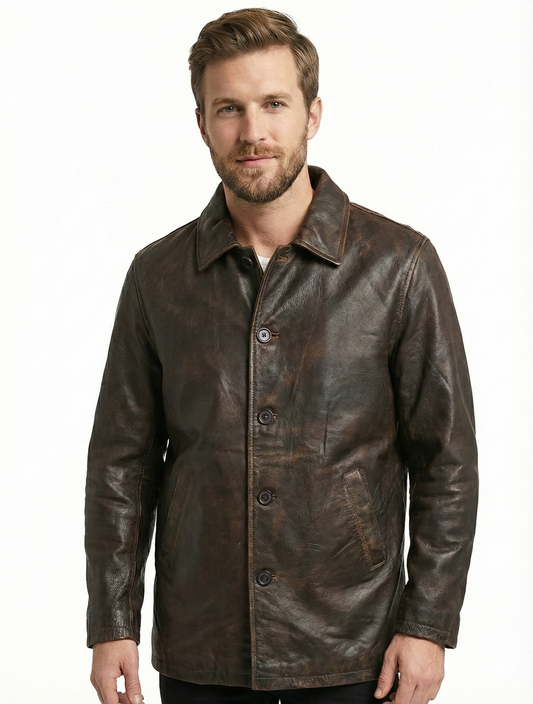 Distress Brown Winter Leather Coat 3/4 Length - Button Up Leather Coat — front view | Majestic Leather UK