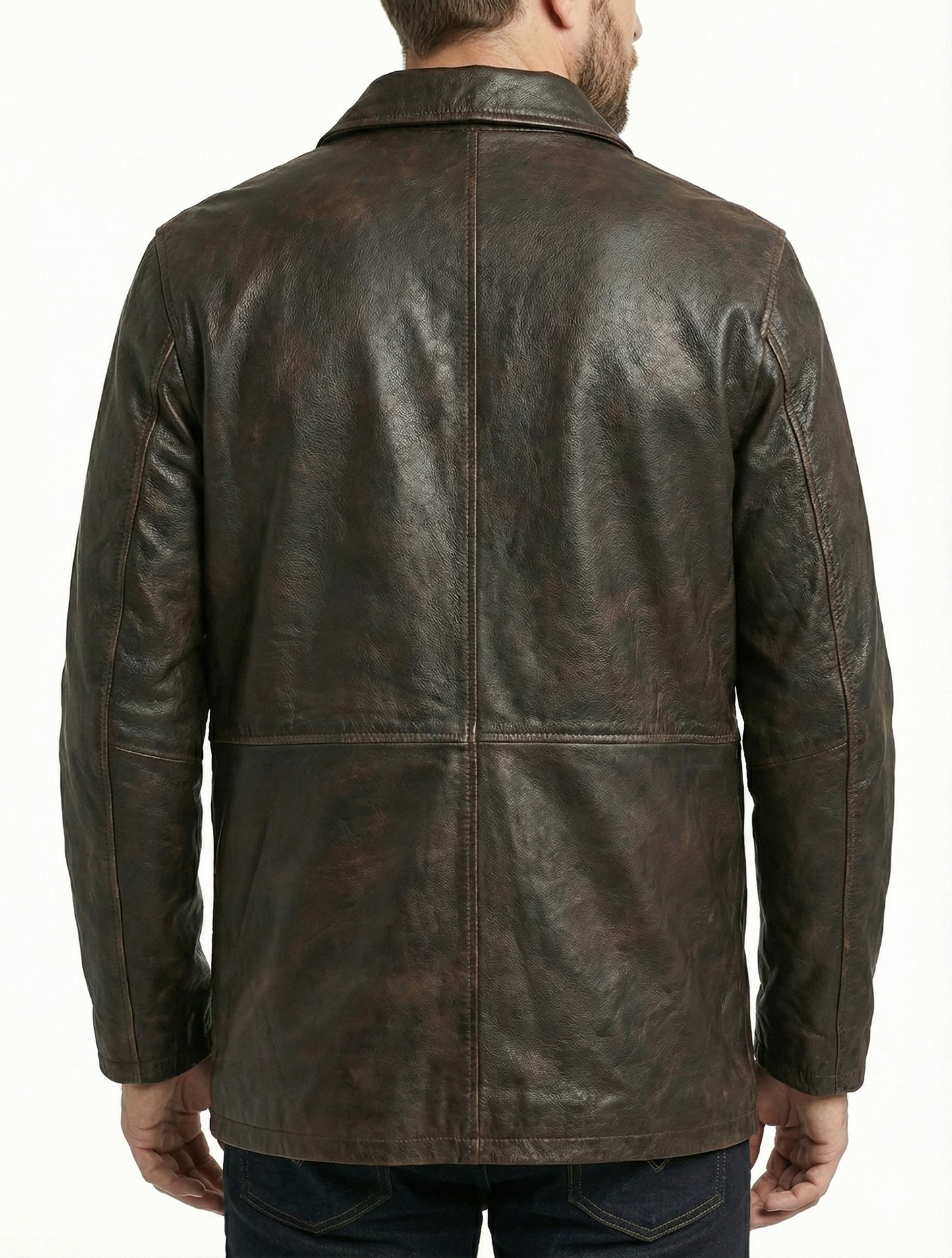 Distress Brown Winter Leather Coat 3/4 Length - Button Up Leather Coat — back view | Majestic Leather UK