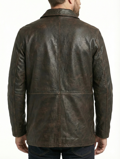 Distress Brown Winter Leather Coat 3/4 Length - Button Up Leather Coat — back view | Majestic Leather UK