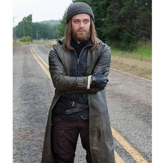 Tom Payne Walking Dead Trench Coat | Majestic Leather — front view | Majestic Leather UK