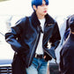 Women Biker - TXT Yeonjun Black Shearling Leather Jacket — collar detail | Majestic Leather UK