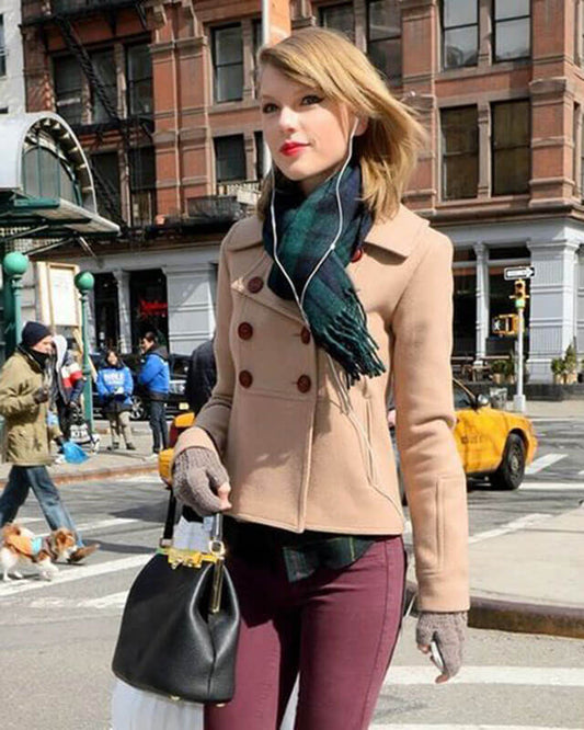 Taylor Swift Beige Short Coat — front view | Majestic Leather UK