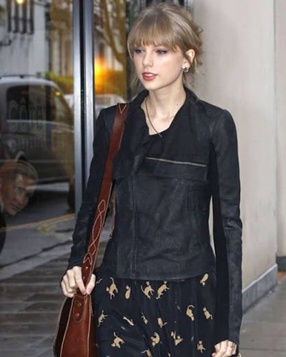 Taylor Swift Celebrity Street Fashion Leather Jacket — back view | Majestic Leather UK