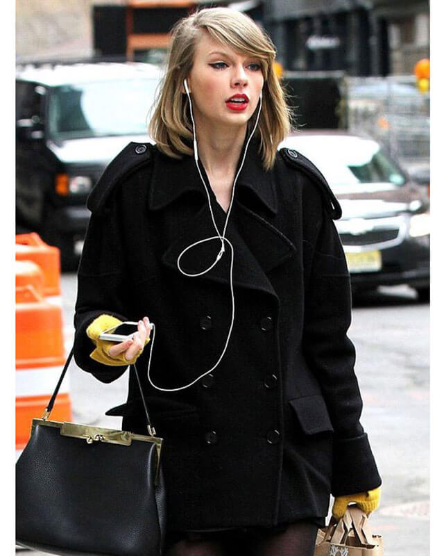 Taylor Swift Black Wool Coat — front view | Majestic Leather UK