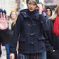 Taylor Swift Hooded Blue Wool Coat — collar detail | Majestic Leather UK