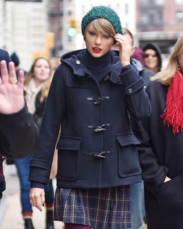 Taylor Swift Hooded Blue Wool Coat — collar detail | Majestic Leather UK