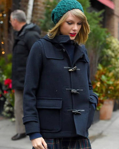 Taylor Swift Hooded Blue Wool Coat — back view | Majestic Leather UK