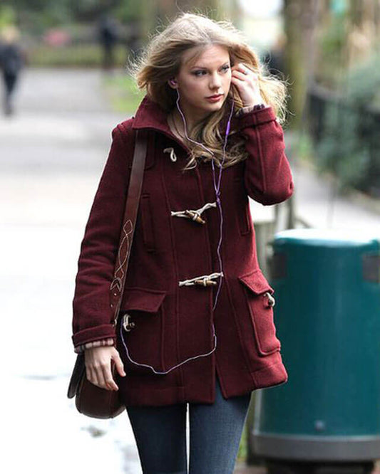 Taylor Swift Maroon Wool Coat — front view | Majestic Leather UK