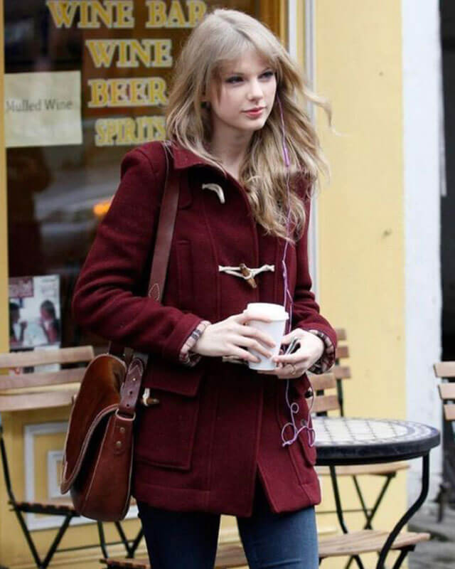 Taylor Swift Maroon Wool Coat — back view | Majestic Leather UK
