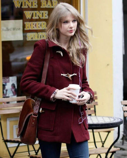Taylor Swift Maroon Wool Coat — back view | Majestic Leather UK