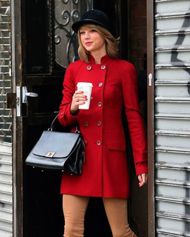Taylor Swift Wool Red Peacoat — side profile | Majestic Leather UK