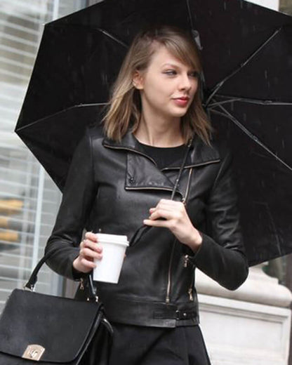 Taylor Swift Celebrity Black Biker Leather Jacket — back view | Majestic Leather UK