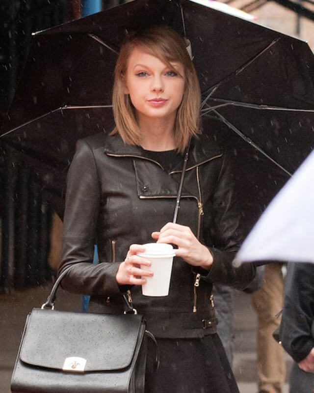 Taylor Swift Black Biker Leather Jacket — side profile | Majestic Leather UK