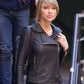 Women Biker - Taylor Swift Black Biker Leather Jacket — collar detail | Majestic Leather UK