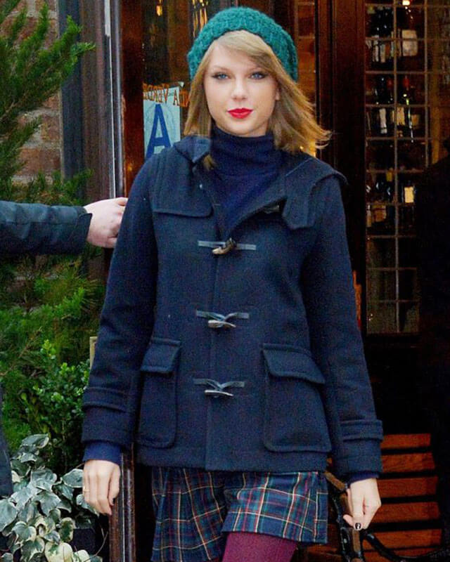 Taylor Swift Hooded Blue Wool Coat — front view | Majestic Leather UK