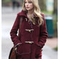 Taylor Swift Maroon Wool Coat — side profile | Majestic Leather UK