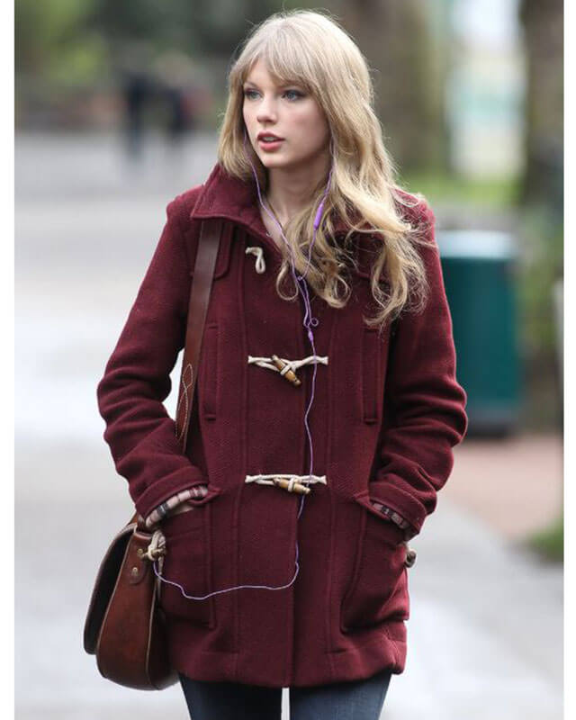 Taylor Swift Maroon Wool Coat — side profile | Majestic Leather UK