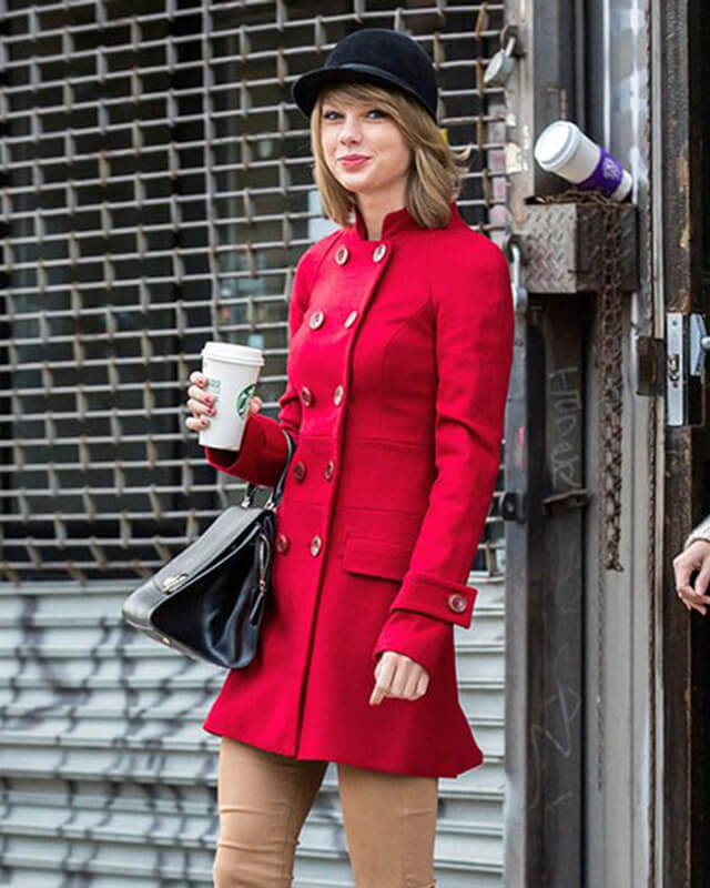 Taylor Swift Wool Red Peacoat — back view | Majestic Leather UK