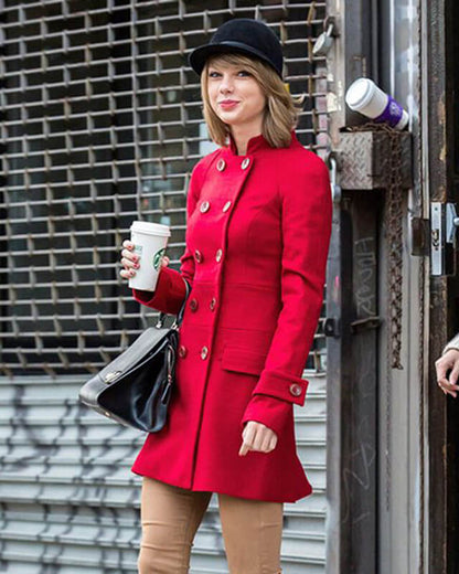 Taylor Swift Wool Red Peacoat — back view | Majestic Leather UK