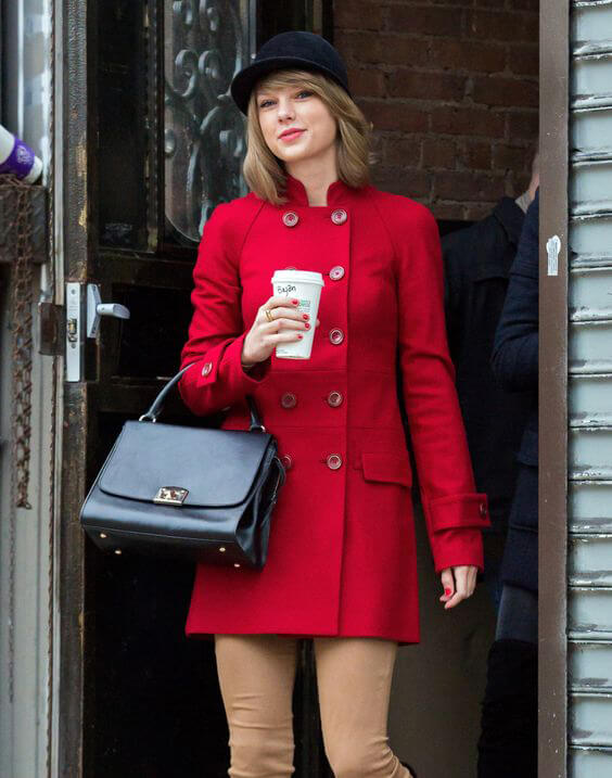 Taylor Swift Wool Red Peacoat — front view | Majestic Leather UK