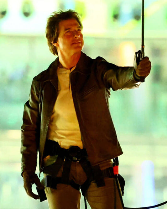 Tom Cruise Olympics Distressed Leather Jacket — front view | Majestic Leather UK