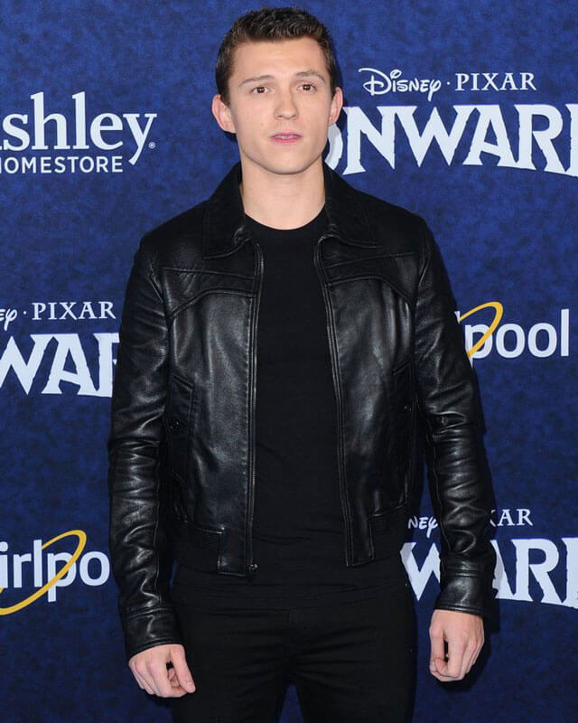 Tom Holland Black Leather Bomber Jacket — side profile | Majestic Leather UK