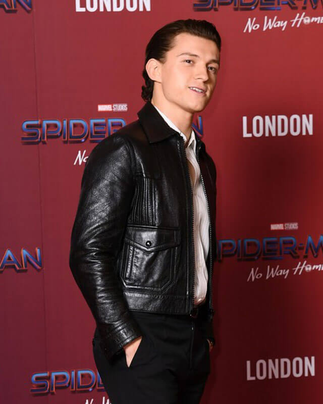 Tom Holland Black Leather Jacket — collar detail | Majestic Leather UK