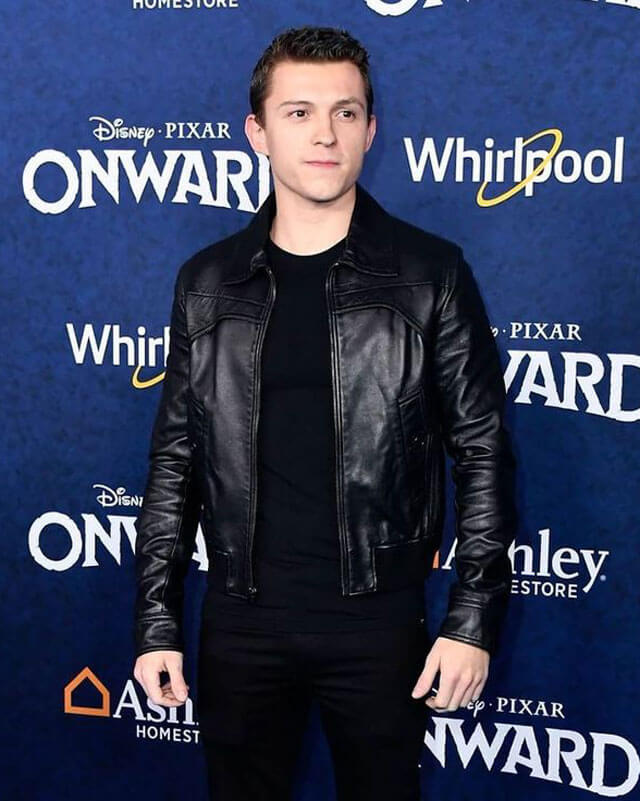 Tom Holland Black Leather Bomber Jacket — collar detail | Majestic Leather UK