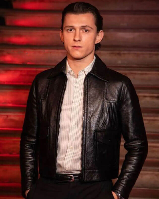 Tom Holland Black Leather Jacket — front view | Majestic Leather UK