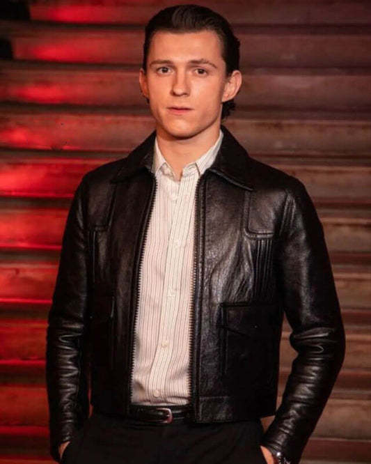 Tom Holland Black Leather Jacket — front view | Majestic Leather UK