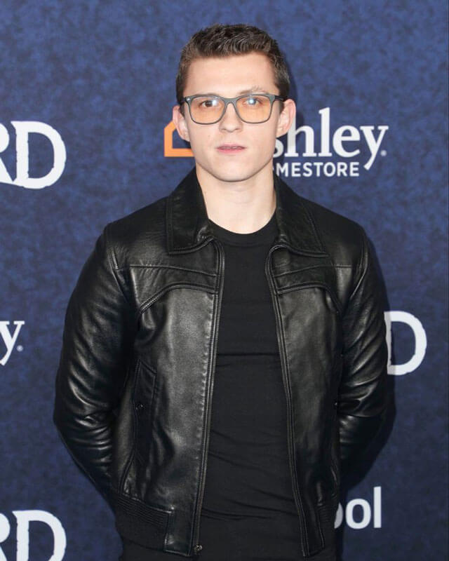 Tom Holland Black Leather Bomber Jacket — front view | Majestic Leather UK
