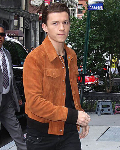 Men's Tom Holland Brown Suede Bomber Jacket — back view | Majestic Leather UK