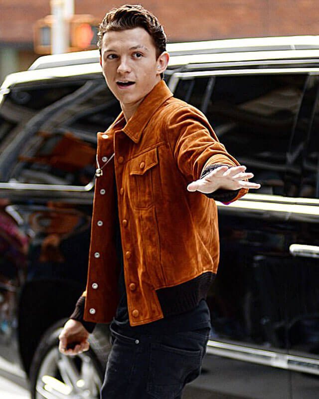 Tom Holland Brown Suede Jacket — side profile | Majestic Leather UK