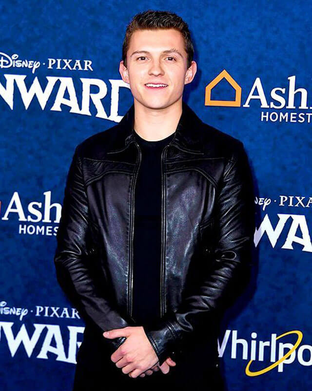 Tom Holland Black Leather Bomber Jacket — back view | Majestic Leather UK