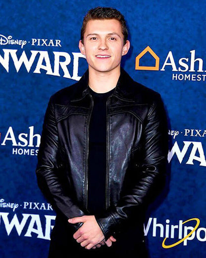 Tom Holland Black Leather Bomber Jacket — back view | Majestic Leather UK