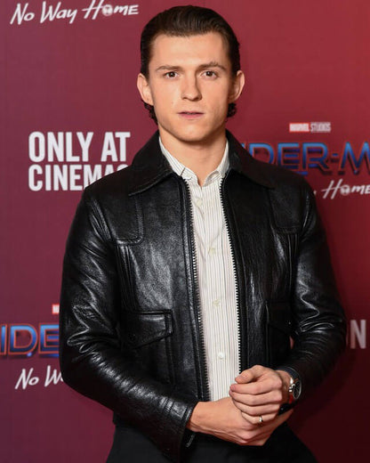 Tom Holland Men's Black Biker Genuine Leather — back view | Majestic Leather UK