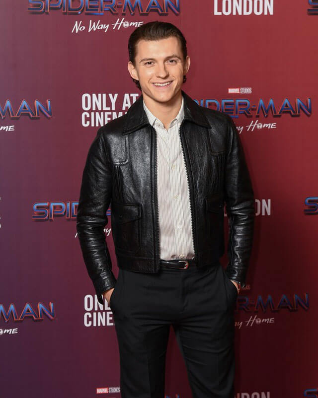 Tom Holland Black Leather Jacket — side profile | Majestic Leather UK